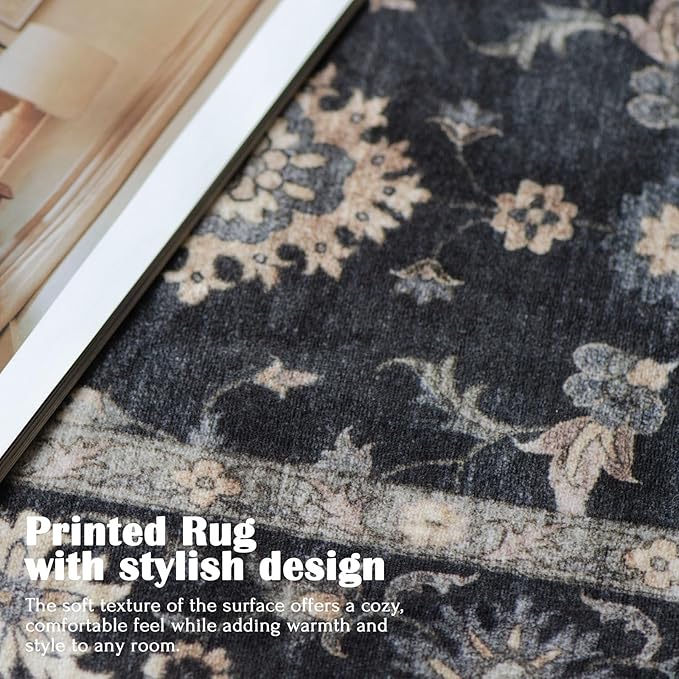 Area Rugs 9x12 Living Room - Large Washable Charcoal Black Boho Rugs for Bedroom Soft Vintage Rug Ultra-Thin Traditional Floral Carpet Moody Farmhouse Rug for Dining Room Guest Room Home Decor