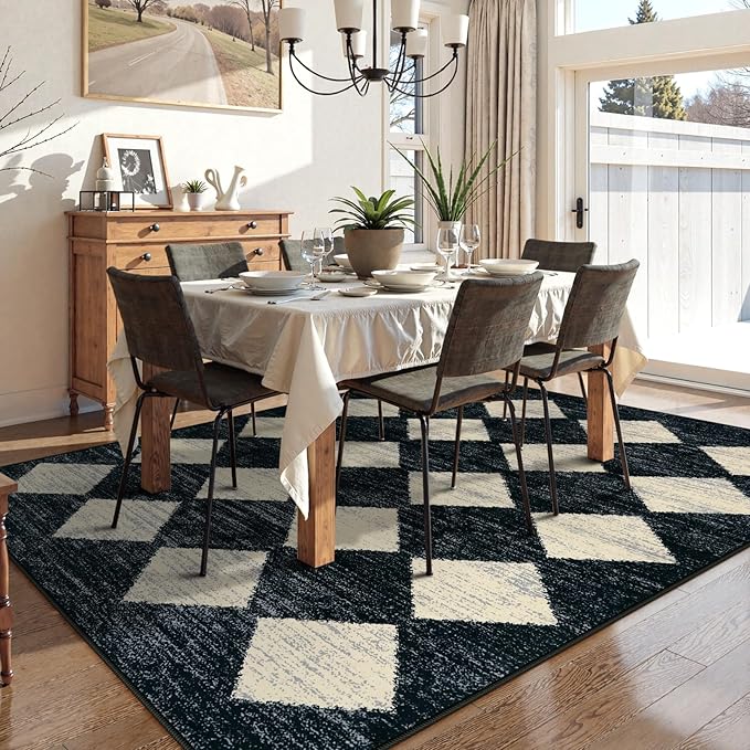 Lahome Checkered Washable 8 x 10 Area Rugs for Living Room, Black Bedroom Rug 8x10 Under Bed, Geometric Trellis Soft Ultra-Thin Indoor Carpet for Dining Room Dorm Kids Playroom (8'x10',Black)