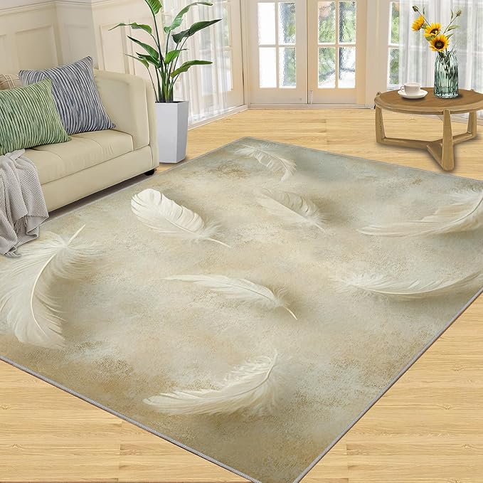 5x6 Feathers Rugs for Office - Minimalist Feathers Living Room Carpet, Natural Still Life Bedroom Area Rug Kids Low Pile Rug for Indoor Outdoor Hardwood Floors Home Decor