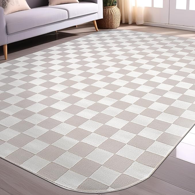 Beverly Rug Modern Geometric Area Rug 6x9 Low-High Pile Durable Soft Abstract Checkered Indoor Rugs for Living Dining Room Office Stain Resistant Non Shedding Casual Indoor Carpet Beige White 6 x 9