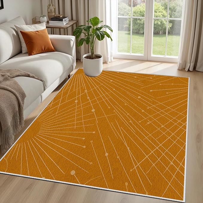 Modern Washable Area Rug 4x6, Boho Minimalist Non-Slip Rugs, Abstract Striped Soft Carpet for Living Room Bedroom Nursery Room Home Decor Office, Pet Friendly, Orange Beige