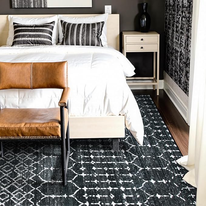 Lahome Moroccan Black Area Rugs 8x10 Living Room Non-Slip Backing Ultra-Thin Large Rug Throw Stain Resistant Dining Room Rugs for Under Table, Geometric Print Modren Soft Rug for Bedroom Office