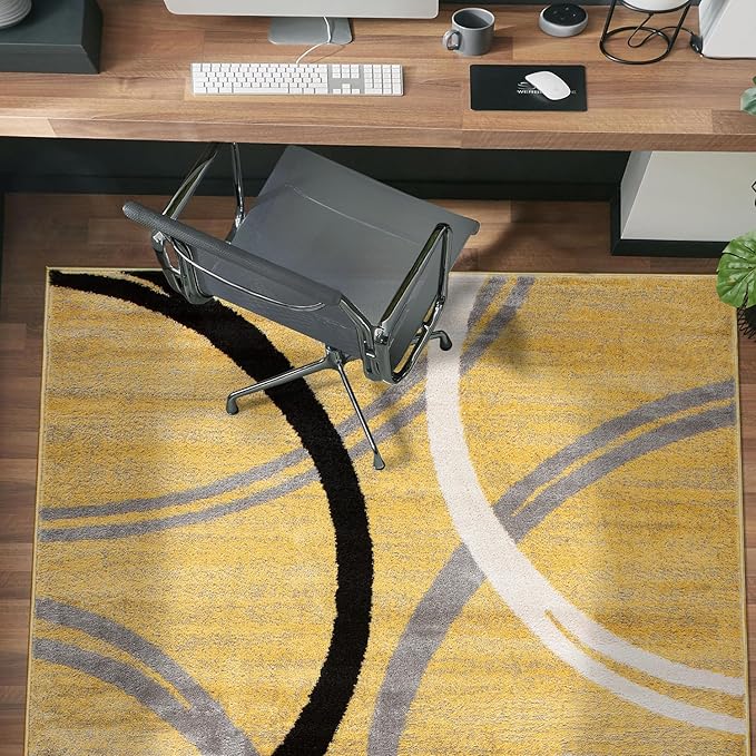Rugshop Wavy Circles Design Area Rug, Carpet with Jute Backing for Living Room, Bedroom, or Dining Room, Yellow, 5'3" x 7'3"
