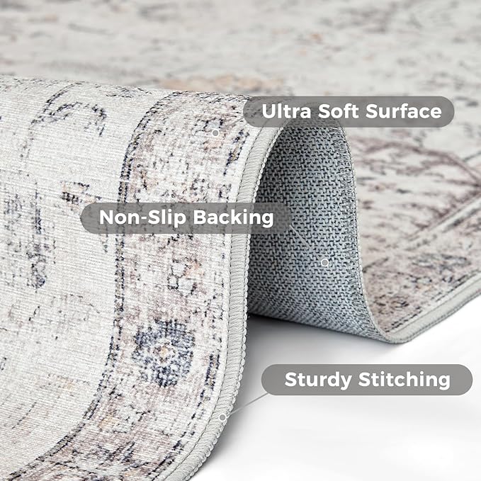 jinchan Kalen Round Rug 8ft Area Rug Washable Vintage Indoor Retro Floor Cover Distressed Gray Floral 8' Round Circle Boho Non Slip Thin Carpet for Living Room Dining Room Bedroom Kitchen Grey