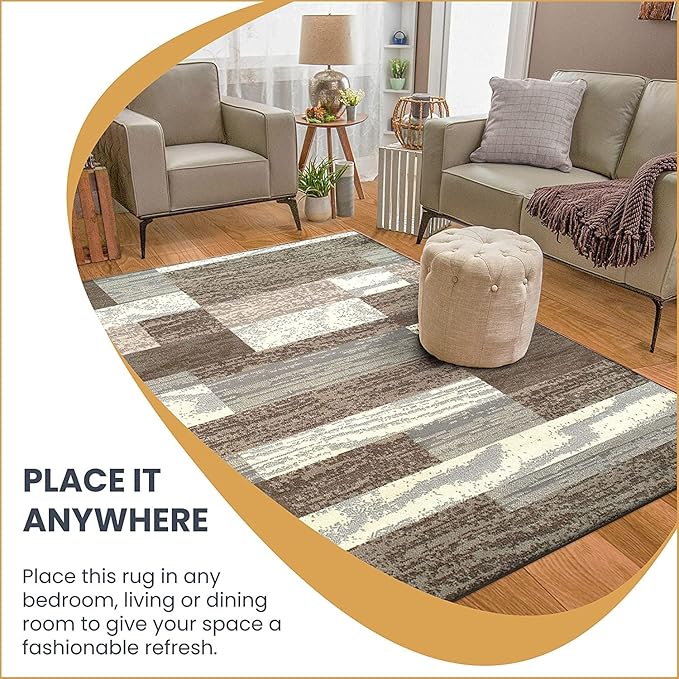 Superior Indoor Runner Rug, Jute Backed, Modern Geometric Patchwork Floor Decor for Bedroom, Office, Living Room, Entryway, Hardwood Floors, Rockwood Collection, 2' 7" x 10', Light Blue-Ivory