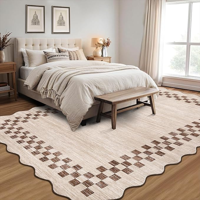 GarveeHome Washable Rug 5x7 for Living Room Large Bedroom Scalloped Rug Non Slip Stain Resistant Modern Border Throw Carpet Soft Boho Rug for Dining Room Nursery Home Office, Beige
