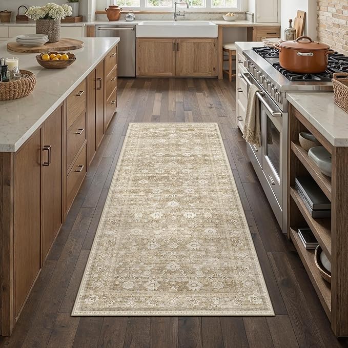 HUGEAR 2x6 Runner Rug Machine Washable Beige Hallway Area Rugs Indoor Accent Rugs Floral Low Pile Carpet Distressed Throw Rug Bedroom Living Room Office Dining Kitchen Laundry Non Slip
