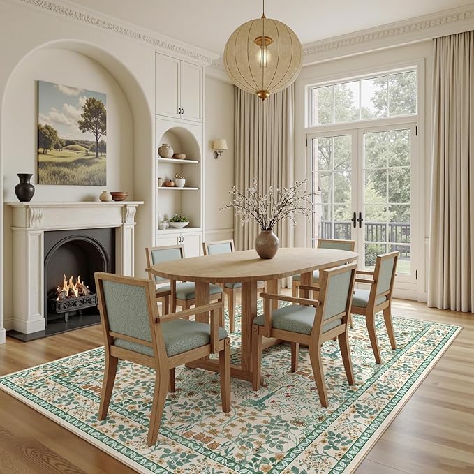 6x9 Area Rugs Living Room Rug - Floral Vintage Morris-Inspired Washable Carpet, Low Pile Non-Shedding Stain Resistance Boho Soft Carpet for Bedroom, Dining Room, Office, Farmhouse (6'x9' Beige Green)