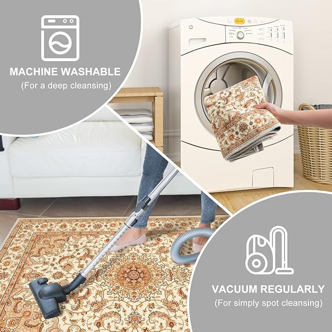 COMSLE Boho Area Rug, 2' x 4' Machine Washable Rugs for Entryway Faux Wool Small Rugs Distressed Throw Rug Non-Slip Floor Carpet for Indoor Bedroom Kitchen Living Room Cream/Beige-2