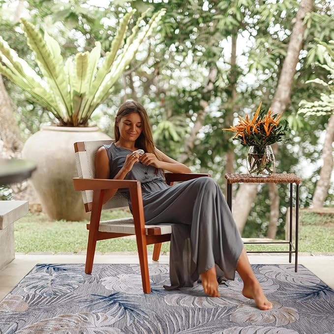 CAMILSON Indoor Outdoor Rug, Blue 10’x14’ Leaf Tropical Botanical Area Rugs for Indoor and Outdoor patios, Easy-Cleaning Non-Shedding Living Room, Garden and Kitchen Washable Outside Carpet (10x14)