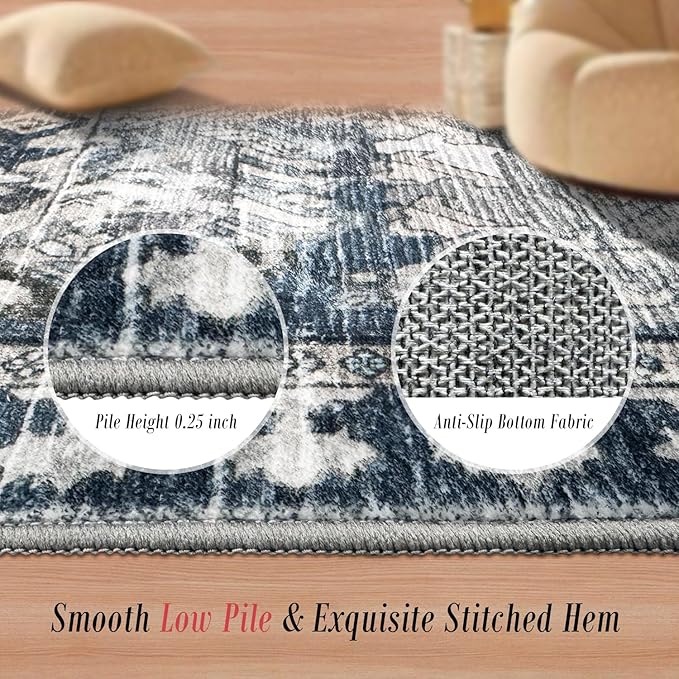 RUGSURE Washable Area Rugs - Perfect for Living Room, Bedroom, Kids Room, Nursery - Stain & Water Resistant Non-Slip, Pet & Child Friendly, Vintage Tribal Area Rugs (Grey and Blue, 6' x 9')