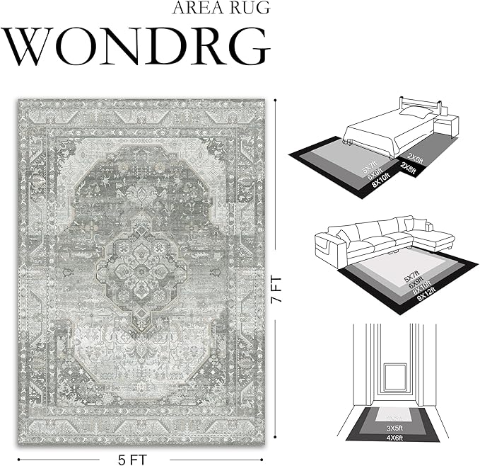 6x9 Grey Washable Vintage Area Rug for Living Room Bedroom Non Slip Distressed Traditional Soft Large Throw Rug Low Pile Lightweight Floral Carpet Office Indoor Playroom Dining Room