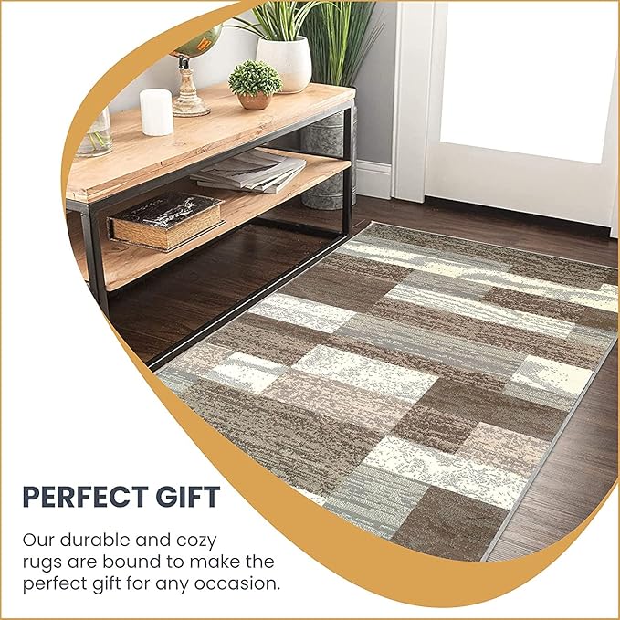 Superior Indoor Runner Rug, Jute Backed, Modern Geometric Patchwork Floor Decor for Bedroom, Office, Living Room, Entryway, Hardwood Floors, Rockwood Collection, 2' 7" x 8', Light Blue-Ivory