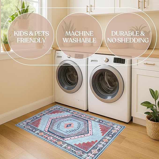 Fame Living Washable Area Rug. Modern Farmhouse. Vintage. Turkish. Bohemian. Distressed. Oriental. Traditional. Rugs for Living Room. Dining. Bedroom. Office. Entryway. Foyer. (856BlM, 2'5" x 13')