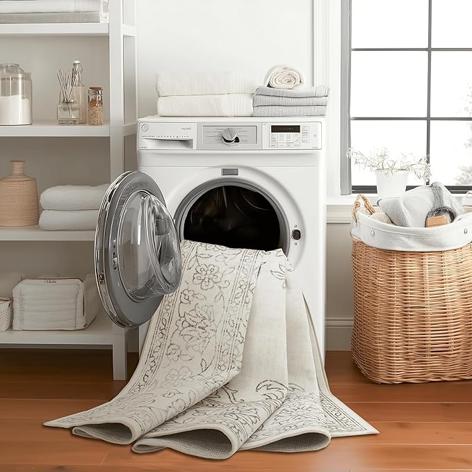 ReaLife Rugs Machine Washable Area Rug - Living Room Bedroom Bathroom Kitchen Entryway Office - Padded Low Pile Stain Resistant Premium - Boho Farmhouse Vintage - Paige - Ivory 5' x 7'