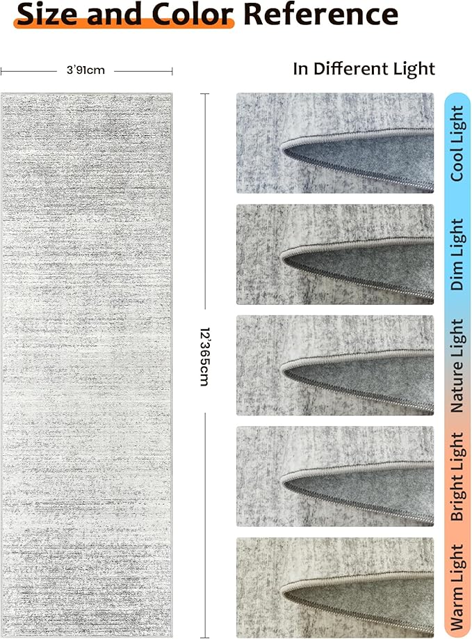 Art&Tuft Non-Slip Runner Rug - 3x12 Runner Rug Washable Low-Pile Rugs Runners, Soft Distressed Carpet Runner for Bedroom Bathroom Kitchen Laundry Living Room, Grey