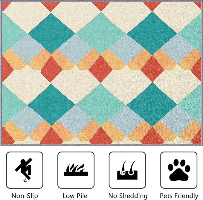 4x6 Rug Washable - Geometric Rug for Bedroom, Colorful Retro Mid Century Modern Non Slip Low Pile Area Rugs for Living Room Laundry, Geometric Carpet Room Decor & Gifts