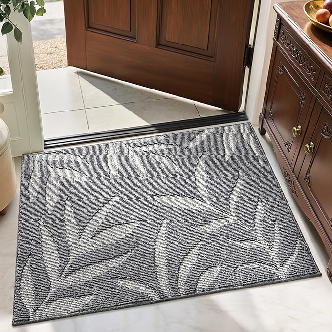 LUMI Indoor Door Mat 24x36, Washable Front Doormat with Welcome Leaf Pattern, Non-Slip Rubber Back Absorbent Mats for Entrance, Patio, Garage, Light Grey