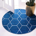 Unique Loom Trellis Frieze Collection Area Rug - Geometric (3' Round, Navy Blue/ Ivory)