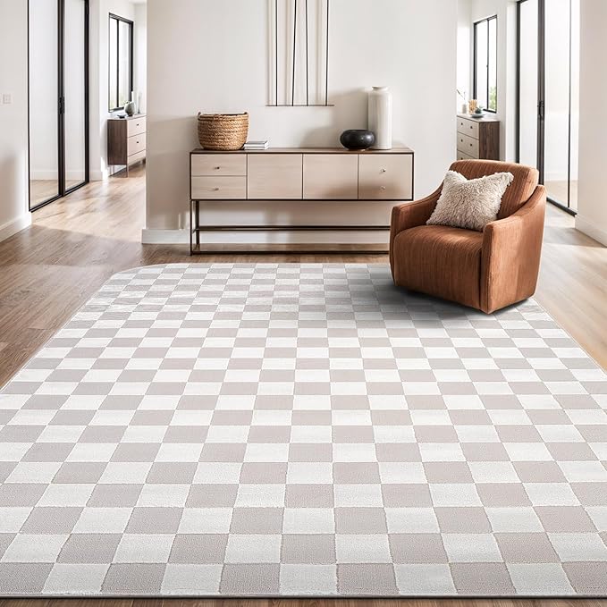 Beverly Rug Modern Geometric Area Rug 8x10 Low-High Pile Durable Soft Abstract Checkered Indoor Rugs for Living Dining Room Office Stain Resistant Non Shedding Casual Indoor Carpet Beige White 8 x 10