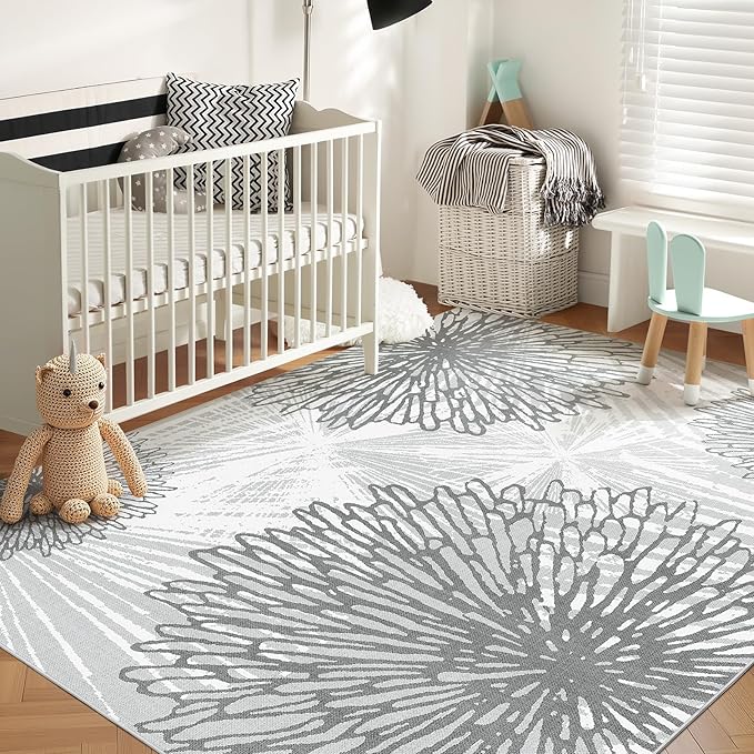 WITSHOCK 8x10 Washable Rug for Living Room,Modern Floral Distress Print Pattern Area Rugs,Stain Resistant with Non Slip Backing Carpet for Dining Room,Bedroom & Home Decor,Grey White