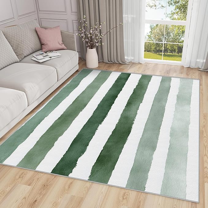 Striped Rug for Entryway Indoor - 3x4ft - Green and White Stripe Minimalist Watercolor Washable Non Slip Low Pile Small Rug for Bedroom, Striped Carpets Room Decor & Gifts