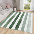 5x7 Rug Washable - Striped Rugs for Living Room, Green and White Stripe Minimalist Watercolor Non Slip Low Pile Area Rugs for Bedroom, Striped Carpet Home Decor & Gifts