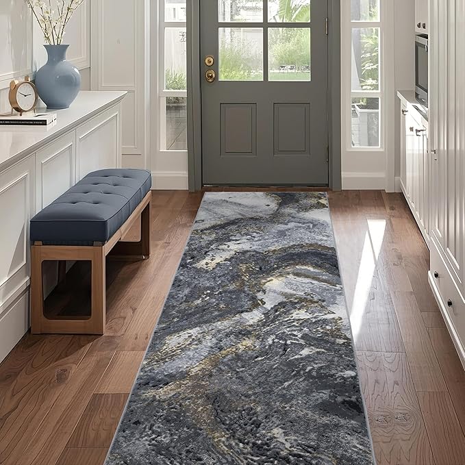 Abstract 2x6 Runner Rug: Modern Washable Rug for Entryway Hallway Bedside Kitchen Indoor - Non Slip Thin Low Pile - Black Gold