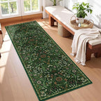2x6 Washable Runner Rug,Dark Green Floral Boho Area Rug for Hallway,Low-Pile Non-Slip Stain Resistant Carpet for Kitchen, Bedside,Laundry Room,Entryway