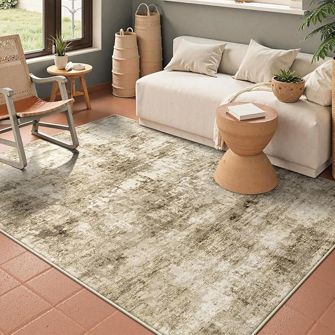 3x5 Machine Washable Area Rug for Entryway, Brown Modern Vintage Abstract Rug Non-Slip Low Pile Soft Faux Wool Small Carpet, Kids and Pets Friendly for Bedroom Kitchen Hallway Home Decor Rug
