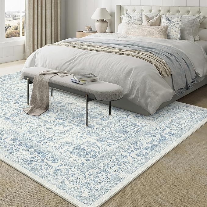 Blue Area Rug 8x10 Machine Washable Large Vintage Living Room Distressed Non Slip Carpet Traditional Indoor Bedroom Retro Floral Accent Throw Rug for Office Kitchen Dining Room