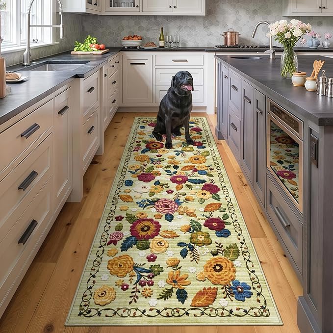 2x6 Machine Washable Runner Rug, Kitchen Hallway Area Rug Green Vintage Boho Floral Ultra Non-Slip Low Pile Soft Faux Wool Carpet, Kids and Pets Friendly for Bedroom Entryway Nursery Home Decor Rug