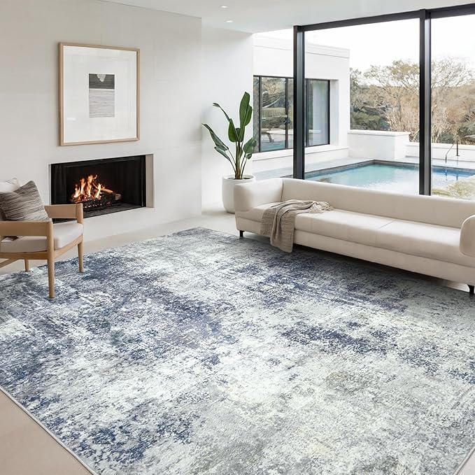 Washable Area Rugs for Living Room 9x12 - Large Neutral Modern Abstract Rug, Soft Low Pile Carpet with Non Slip Backing for Under Dining Room Table, Bedroom, Home, Office, Dorm - Indigo Gray