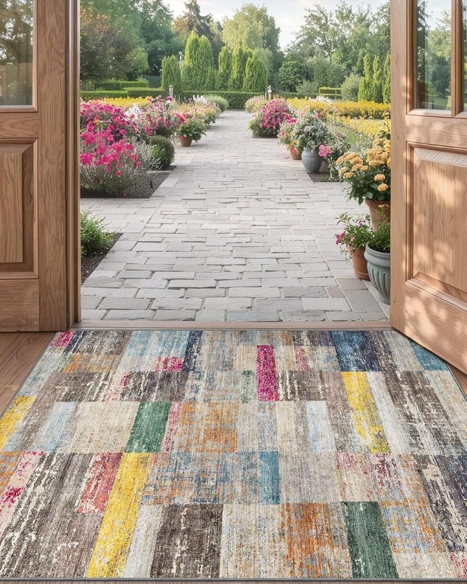 LUMI Ultra Thin Door Mat, 36x59 Non Slip Indoor Doormat Entrance Washable Rugs Entryway Oriental Vintage Soft Carpet for Kitchen Bedroom Front Door, Multicolor