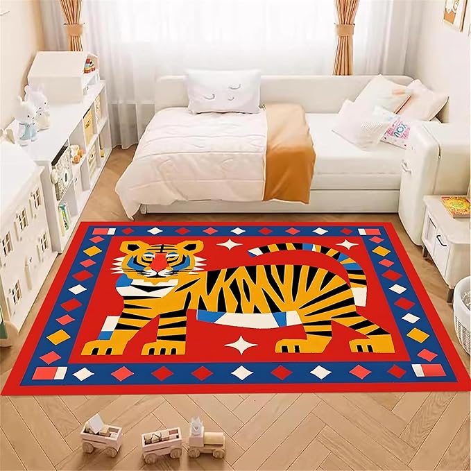 Jungle Animal Area Rug,4x5ft,Unique Design Tiger Print Rug With Geometric Pattern，Bohemian Style Animal Tiger Print Pattern Colorful Rug,Washable Non-Slip Rug for Living Room Classroom Nursery Decor