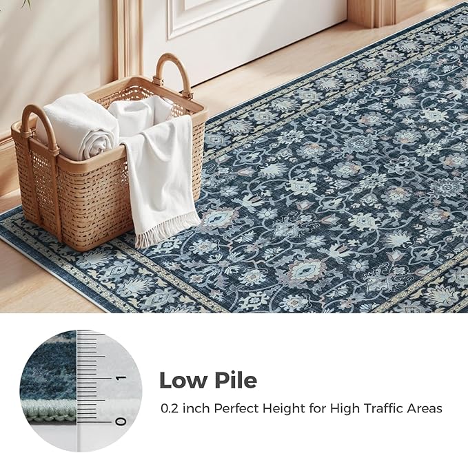 LIVEBOX Washable Area Rug 8x10 - Large Blue Boho Living Room Rug Vintage Rugs for Bedroom, Non-Slip Retro Floral Carpet Print Distressed Accent Rugs for Dining Room Home Office