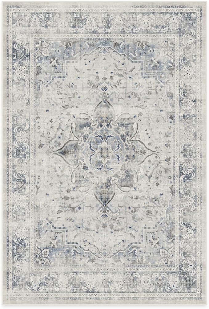 RUGGABLE Washable Vintage Area Rug – Sarrah Blue Quartz 6x9, Stain-Resistant, Non-Slip – Medium Machine Washable Rugs for Living Room, Bedroom, Hallway, Entryway & Office–with Cushioned Pad