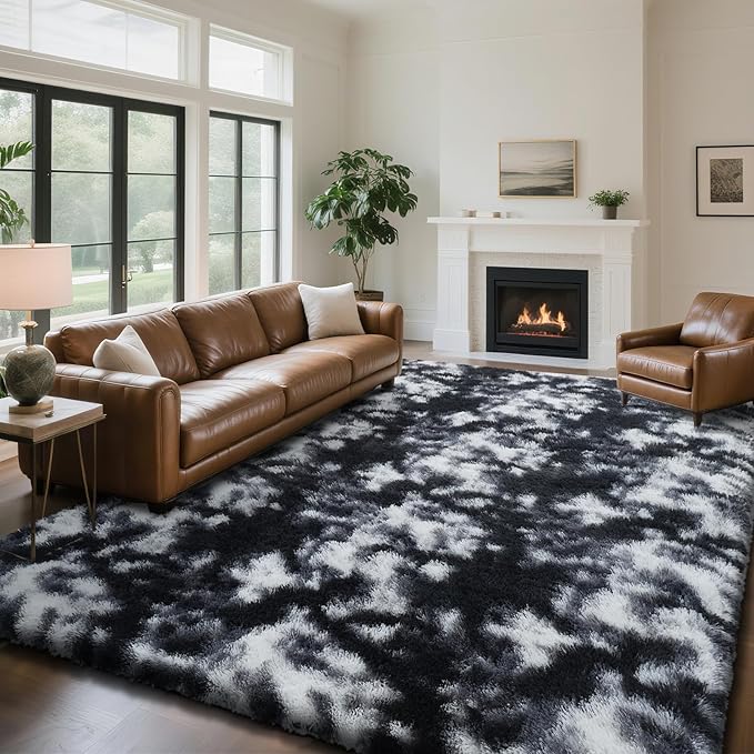 Fluffy Rug Shaggy Area Rug, Mottling Black 9x12 Area Rugs for Living Room, Large Shag Area Rugs for Bedroom Kids Room Home Decor, Upgrade Anti-Skid Rectangular Fuzzy Rugs