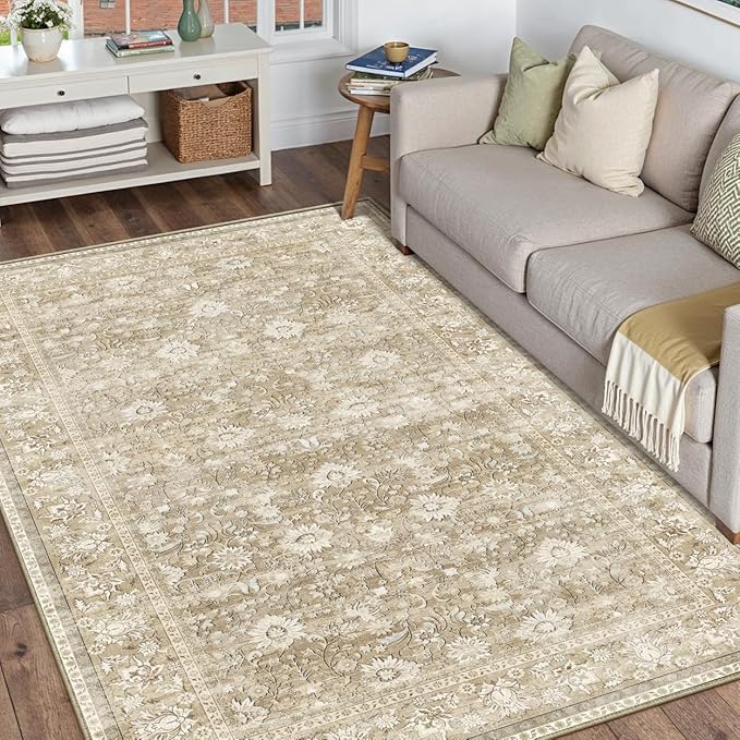HUGEAR 3x5 Machine Washable Rugs Beige Hallway Area Rug Indoor Accent Rug Floral Low Pile Carpet Soft Throw Rug Bedroom Living Room Office Dining Room Kitchen Laundry Room Non Slip