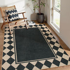 Moynesa Easy Jute Outdoor Rug 5x7 Area Rugs, Washable Checkered Rugs for Living Room Non Slip, Farmhouse Neutral Carpet for Backyard Dining Room Balcony, Black Grid Pattern