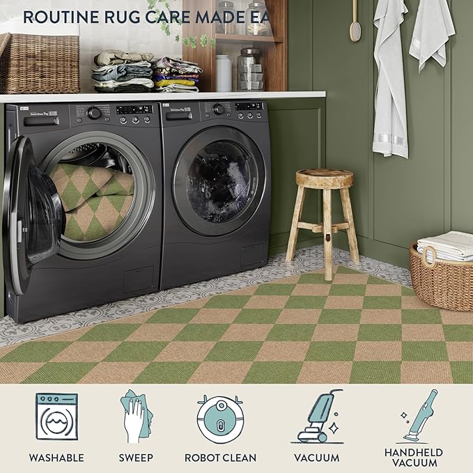 Lahome Checkered Washable Rugs 5x7, Green Area Rug Neutral Large Outdoor Patio Living Room Rug, Farmhouse Non Slip Non Shedding Floor Carpet for Courtyard Camping