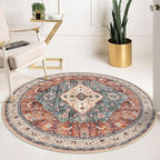 KOZYFLY Boho Round Rug 5 Ft Rugs for Entryway Washable Circle Rug Non Slip Doormat Rust/Orange/Blue Printed Faux Wool Vintage Round Entryway Rug Floor Carpet Round for Entrance, Bedroom