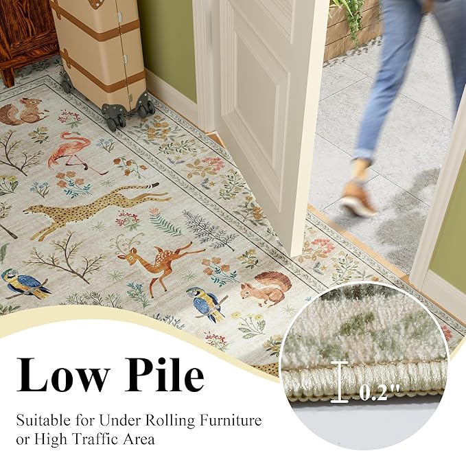 DUKINO 2.6x8 Rug for Hallway, Washable Kitchen Runner Rug with Non Slip Backing, Soft Low Pile Vintage Animal Runner for Bedroom, Kitchen, Hallway, Entryway, Laundry, Beige
