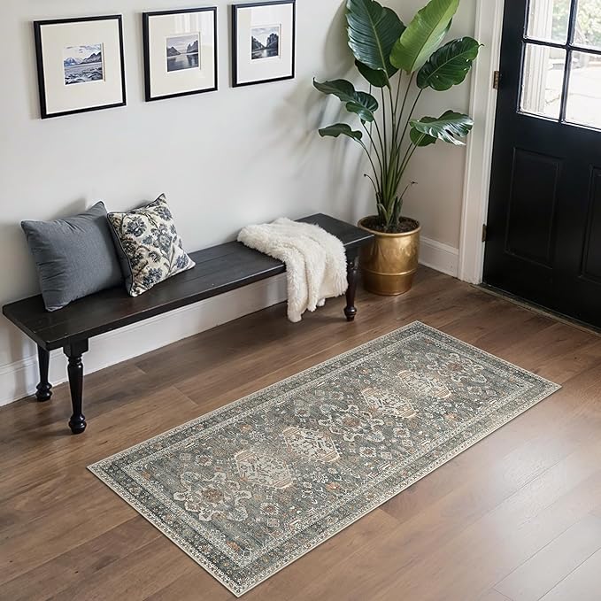 Bavni Washable Runner Rug 2x5, Non Slip Vintage Hallway Runner, Ultra Thin Low Pile Washable Carpet for Kitchen Entryway Bedroom, Grey