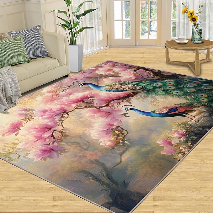Peacock Magnolia Rug Small - 4x6 Rug, Pink Magnolia Washable Rugs for Living Room, Classic Carpet, Peafowl Non-Slip Area Rugs for Bedroom, Aesthetics Carpet - Peafowl Home Decor & Gifts