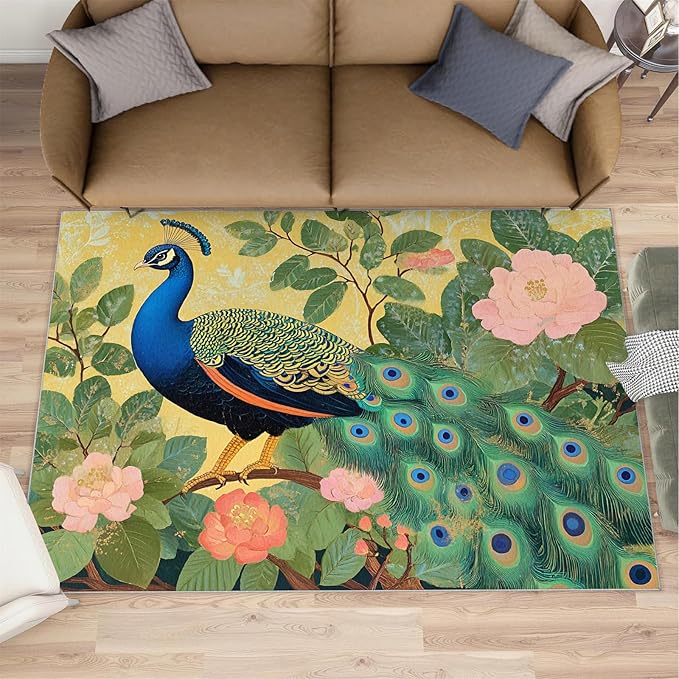 Peacock Peony Rugs for Bedroom - 8x10 Rug, Peacock Decor Area Rugs for Living Room, Peony Flower Carpet, Floral Animal Washable Area Mat, Aesthetics Carpet - Peafowl Home Decor & Gifts
