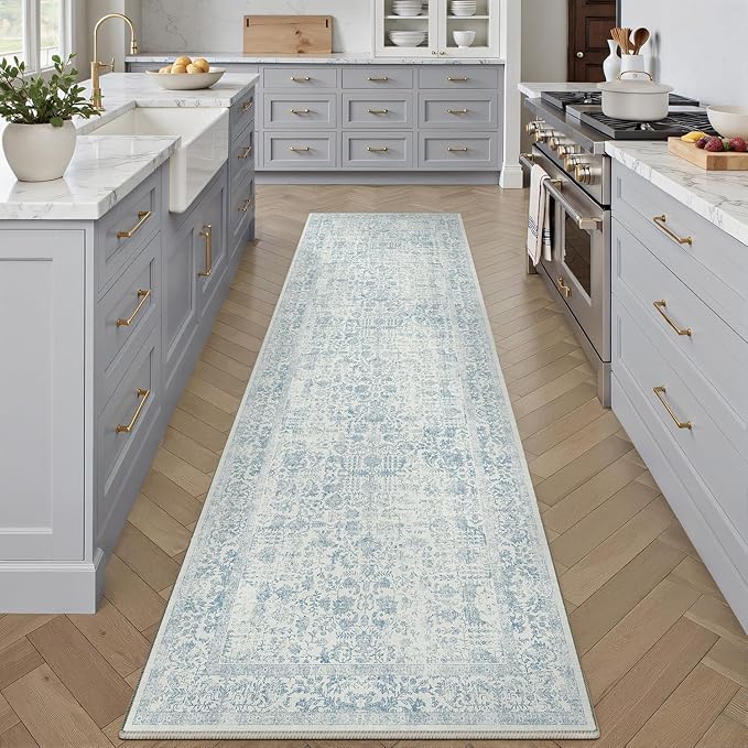 Blue Runner Rug 3x8 Hallway Machine Washable Kitchen Vintage Distressed Non Slip Long Carpet Indoor Retro Floral Bedroom Accent Throw Rug for Bathroom Office Laundry Dining Room