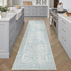 Blue Runner Rug 3x8 Hallway Machine Washable Kitchen Vintage Distressed Non Slip Long Carpet Indoor Retro Floral Bedroom Accent Throw Rug for Bathroom Office Laundry Dining Room