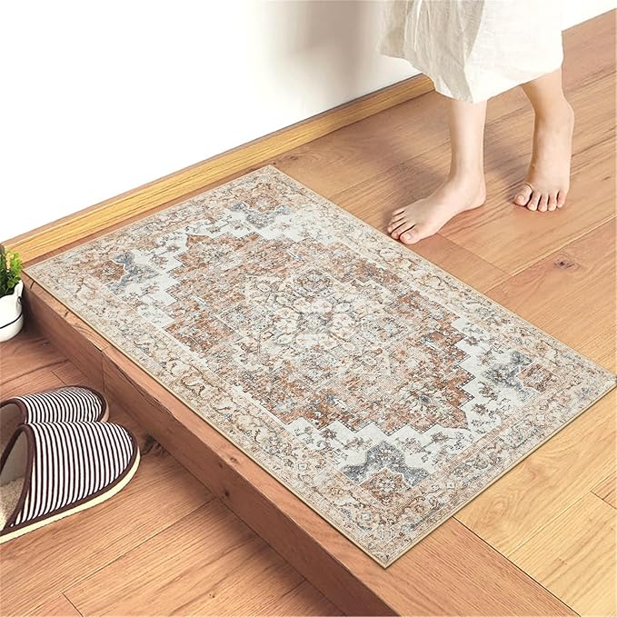 GENIMO Area Rug 2x3 Indoor Machine Washable Doormat, Low Pile Vintage Rugs, Small Retro Lightweight Entryway Mat for Entrance, Hallway, Kitchen and Corridor, Orange