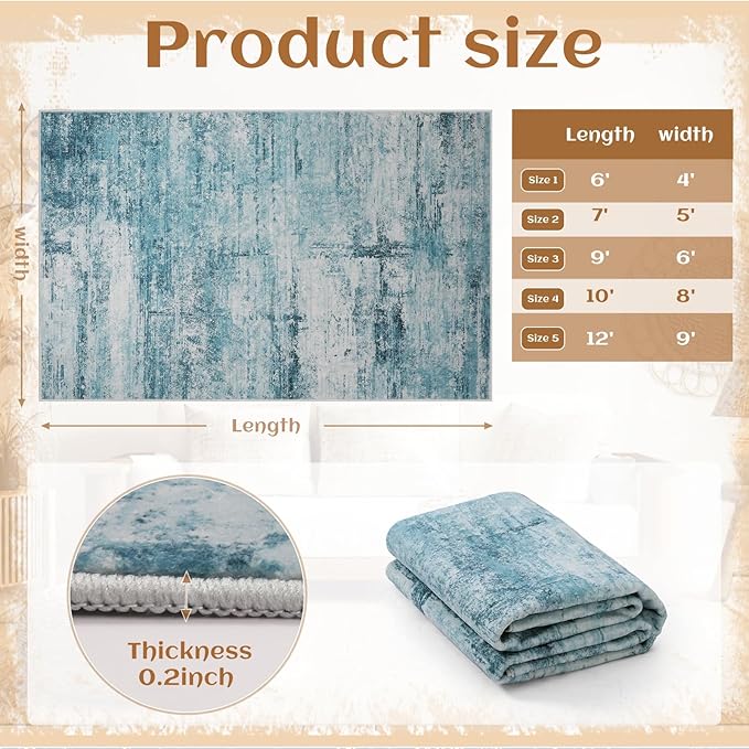 8x10 Abstract Area Rugs for Living Room, Modern Teal Grey Washable Indoor Rug for Bedroom, Thin Soft Large Non-Slip Carpet for Dining Room Home Office Farmhouse Decor - Teal+Gray